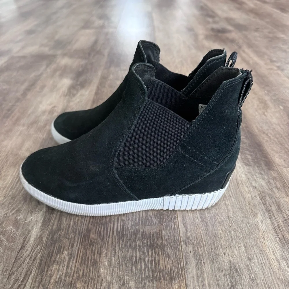 Sorel Out N About Slip-On Wedge II Black Suede Wedge Sneakers